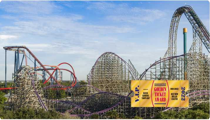 Iron Gwazi with SheiKra and Falcon's Fury in the background. Golden Ticket Award Winner for Best New Roller Coaster