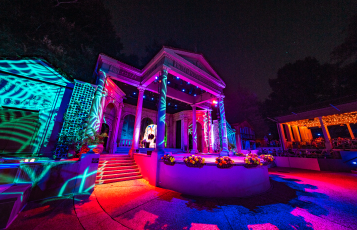 Outdoor theater decorated for Halloween
