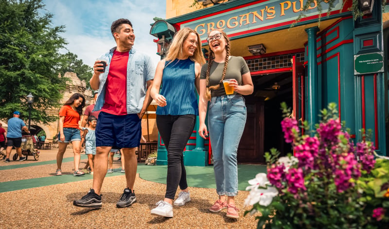 Members enjoying a beverage from Grogan's Pub at Busch Gardens Williamsburg.