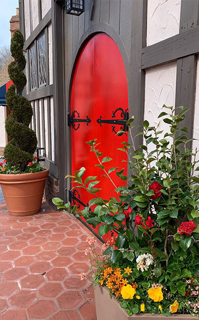 Topiary and flower container outside Abbey Stone Theatre at Busch Gardens Williamsburg